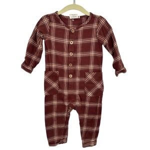 City Mouse Baby Romper Jumpsuit Burgundy Plaid Cotton Long Sleeve Snap Bottom 9M